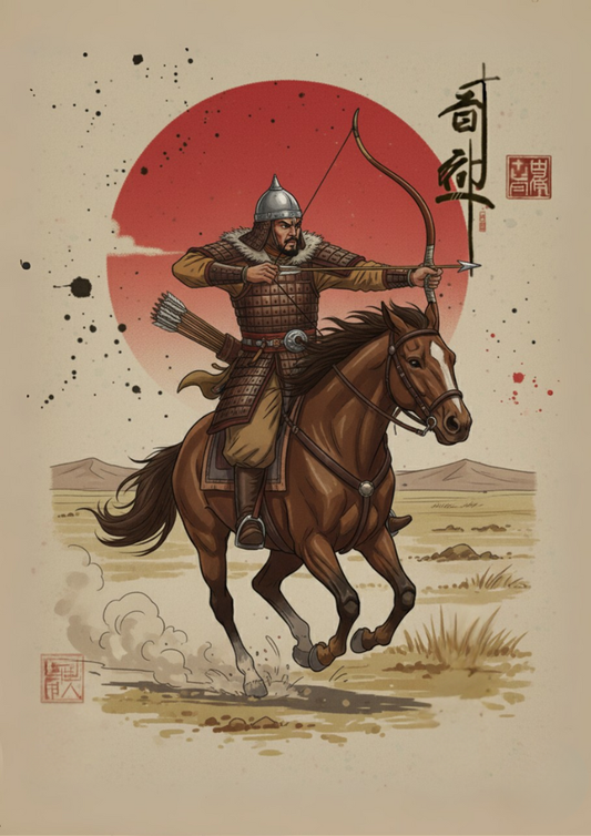 Illustration of a Mongol Archer warrior on horseback with a red sun in the background