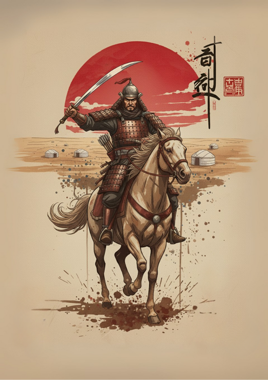 Illustration of a warrior on horseback with a red sun in the background