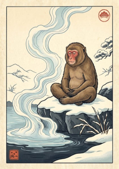 Japanese art style poster featuring a monkey in a hot spring with soft colors and serene atmosphere