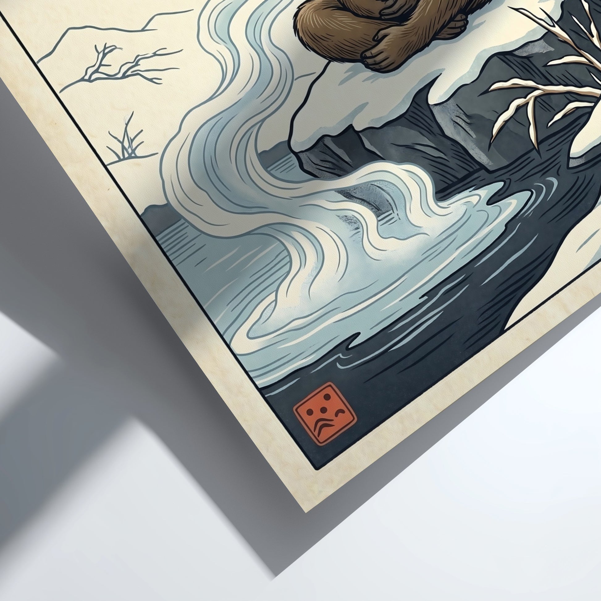 Japanese art style poster featuring a monkey in a hot spring with soft colors and serene atmosphere