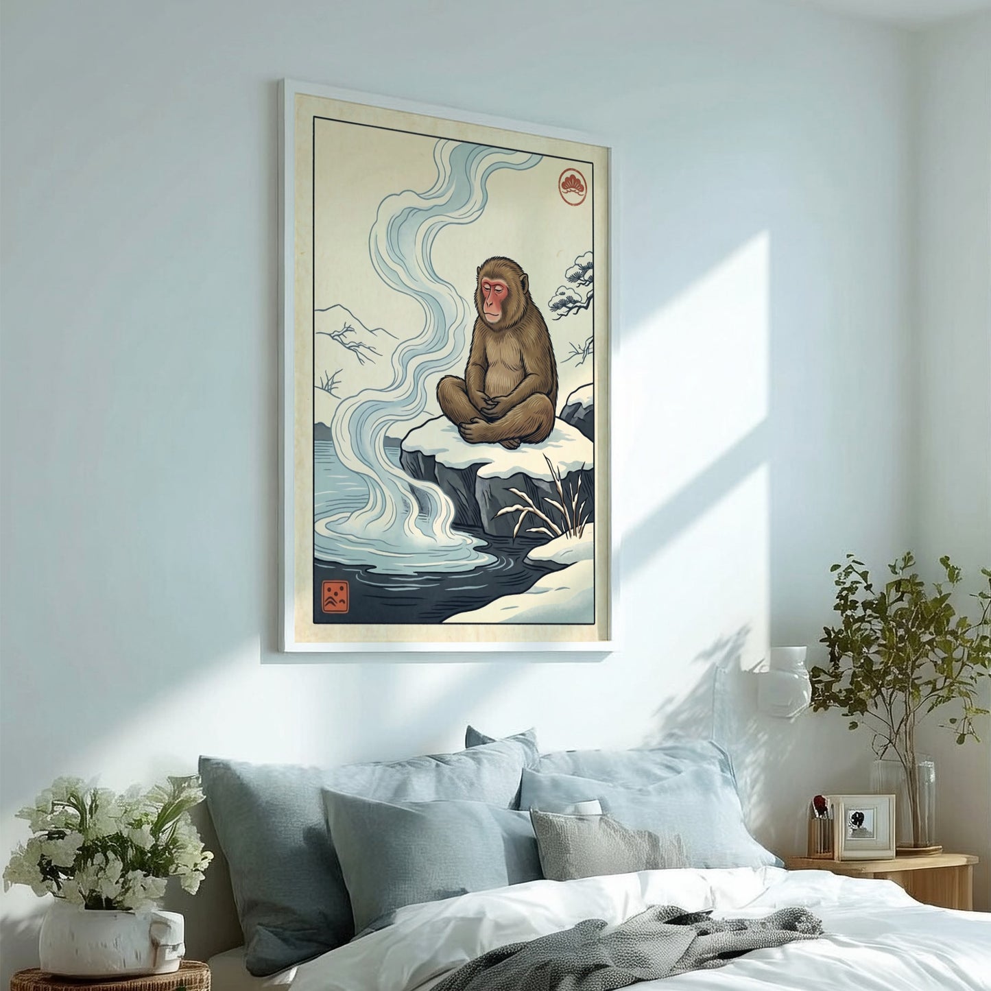 Japanese art style poster featuring a monkey in a hot spring with soft colors and serene atmosphere