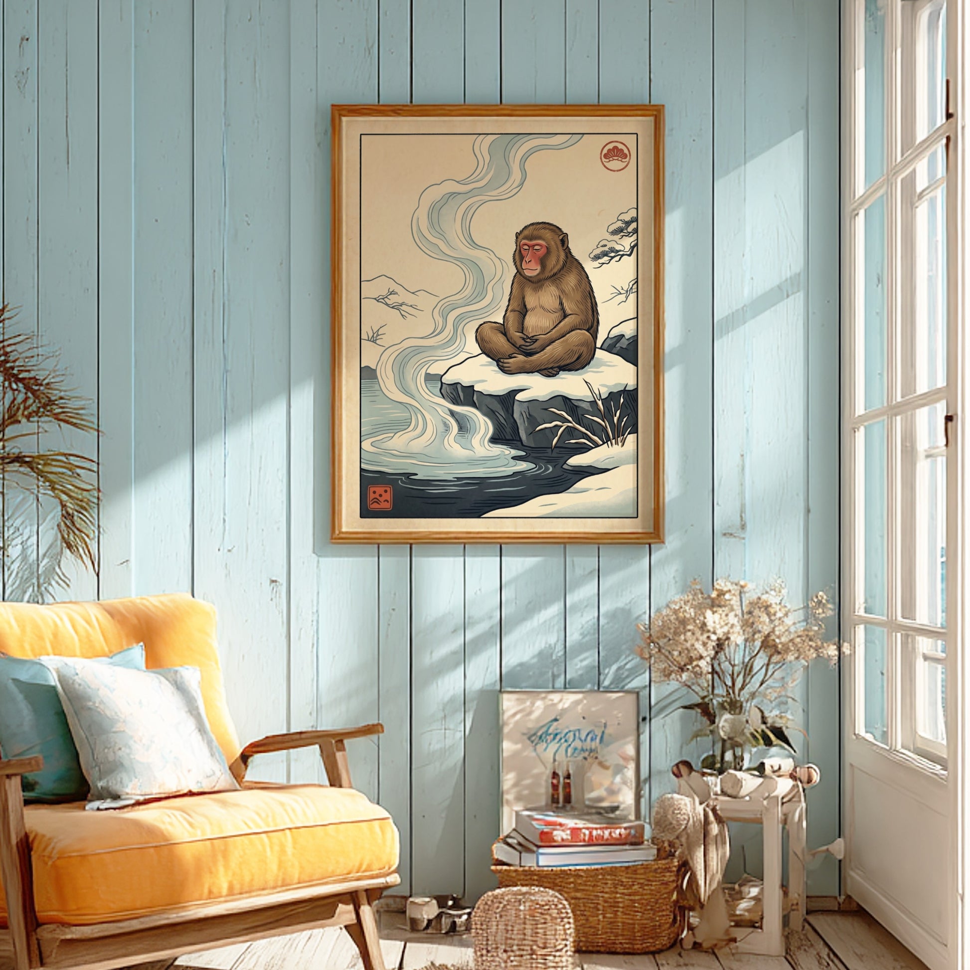 Japanese art style poster featuring a monkey in a hot spring with soft colors and serene atmosphere