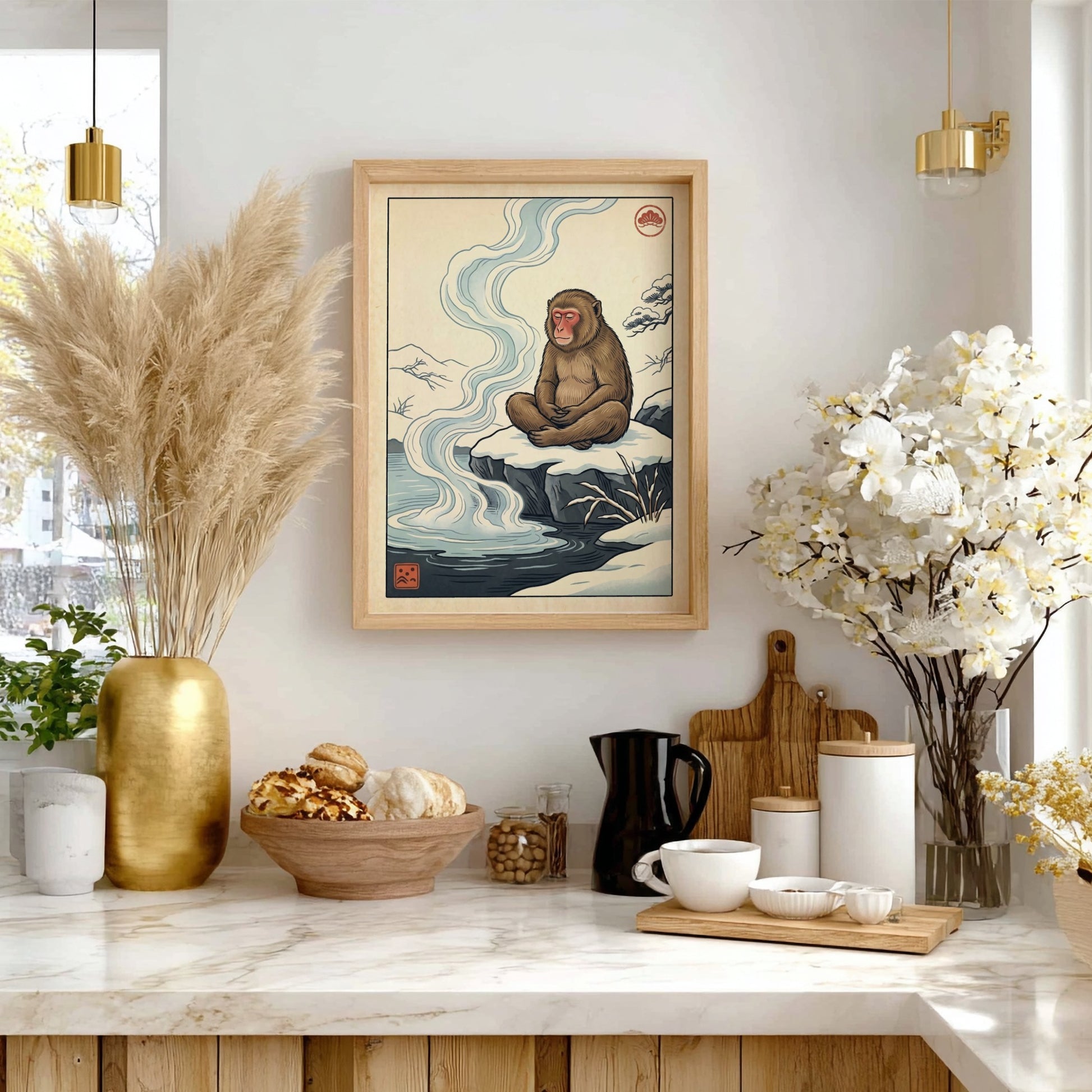 Japanese art style poster featuring a monkey in a hot spring with soft colors and serene atmosphere