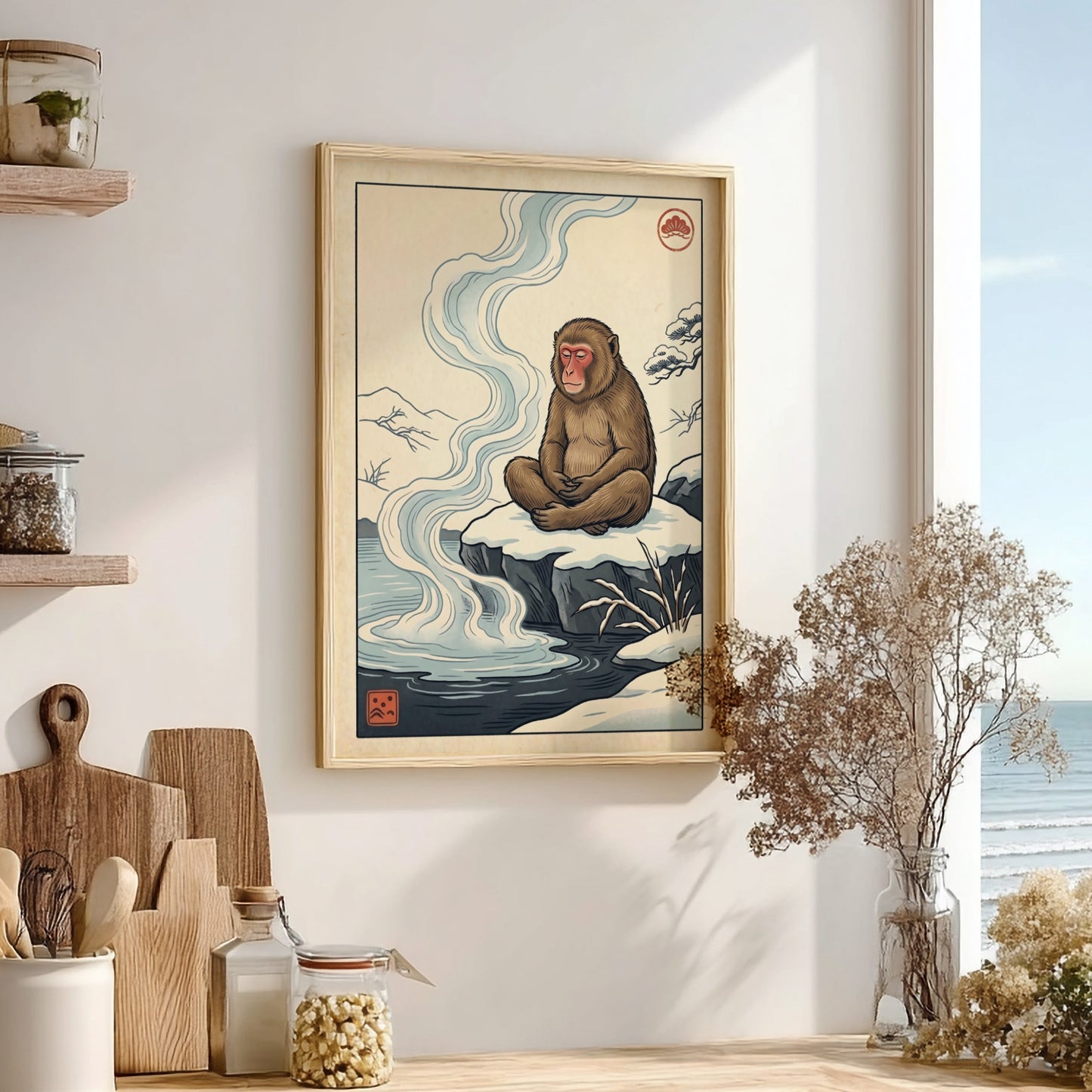 Japanese art style poster featuring a monkey in a hot spring with soft colors and serene atmosphere
