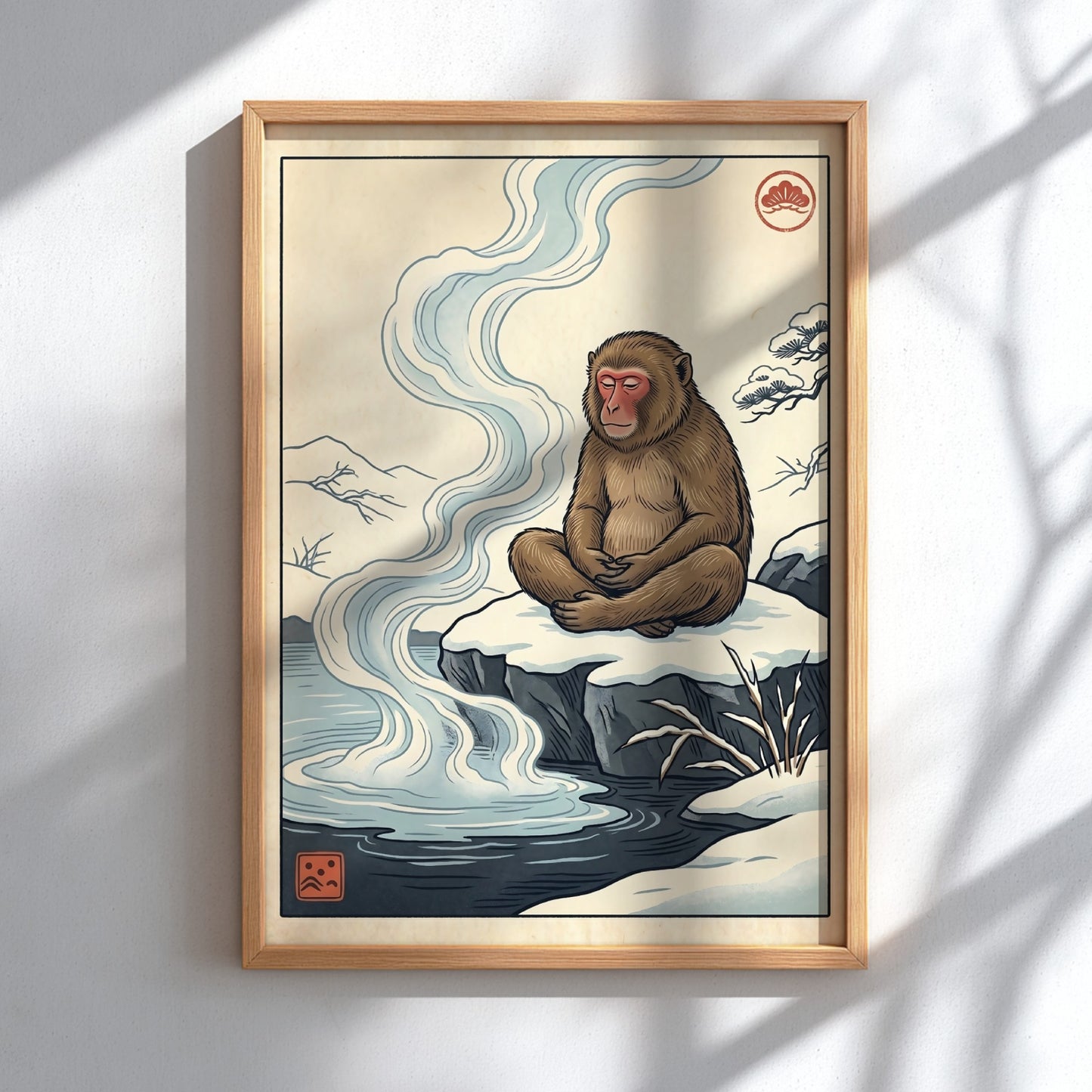 Japanese art style poster featuring a monkey in a hot spring with soft colors and serene atmosphere
