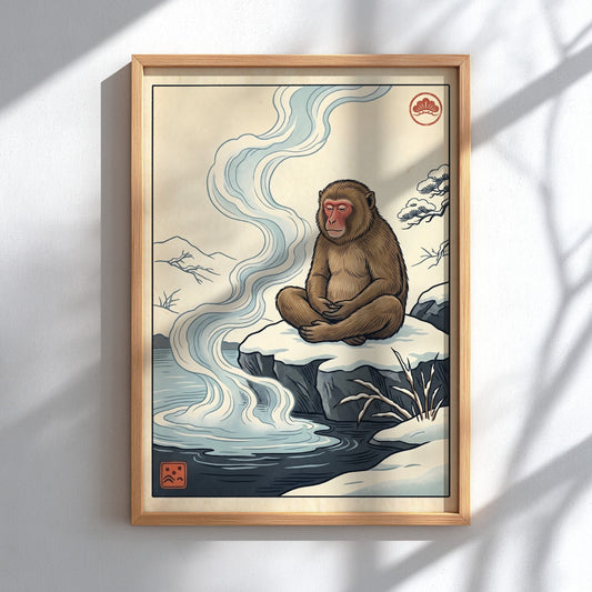 Japanese art style poster featuring a monkey in a hot spring with soft colors and serene atmosphere