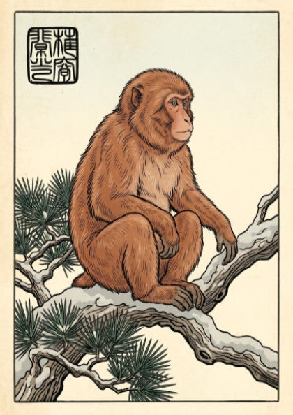 Japanese art style poster featuring a monkey on a pine branch with warm earthy tones