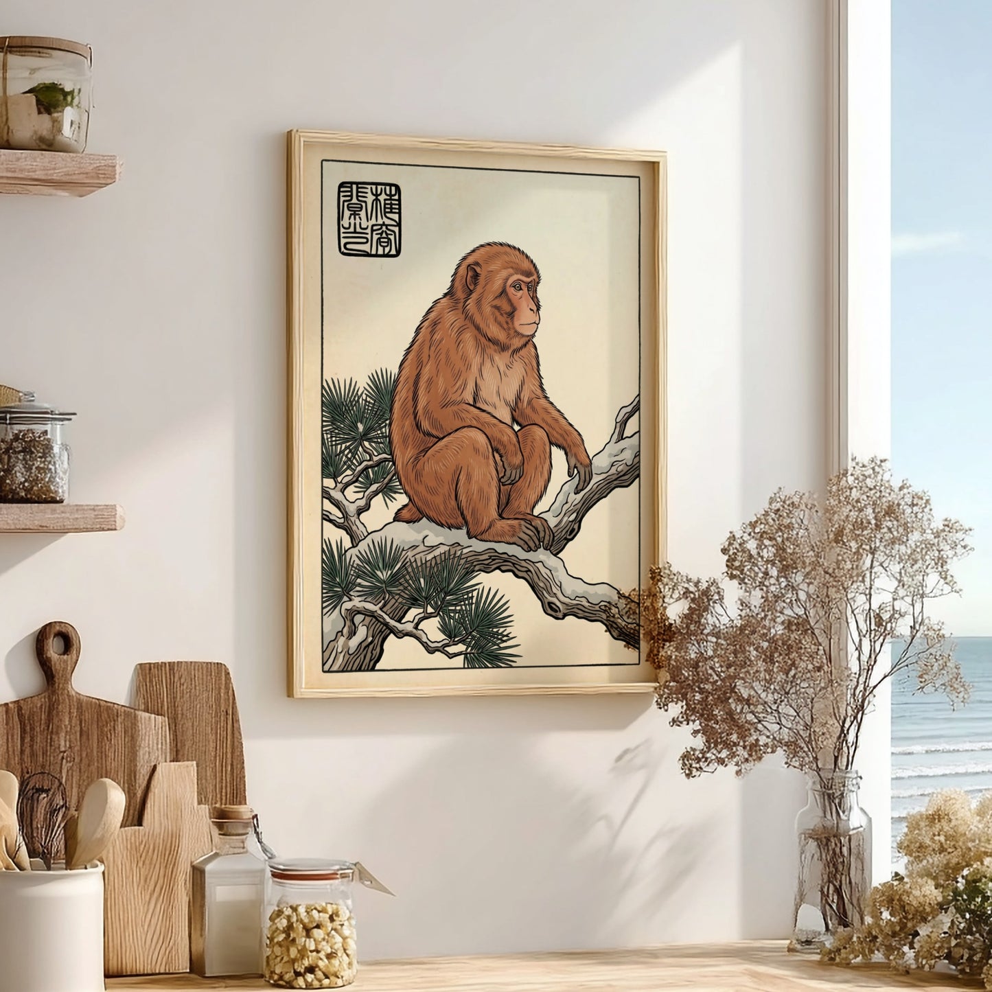 Japanese art style poster featuring a monkey on a pine branch with warm earthy tones