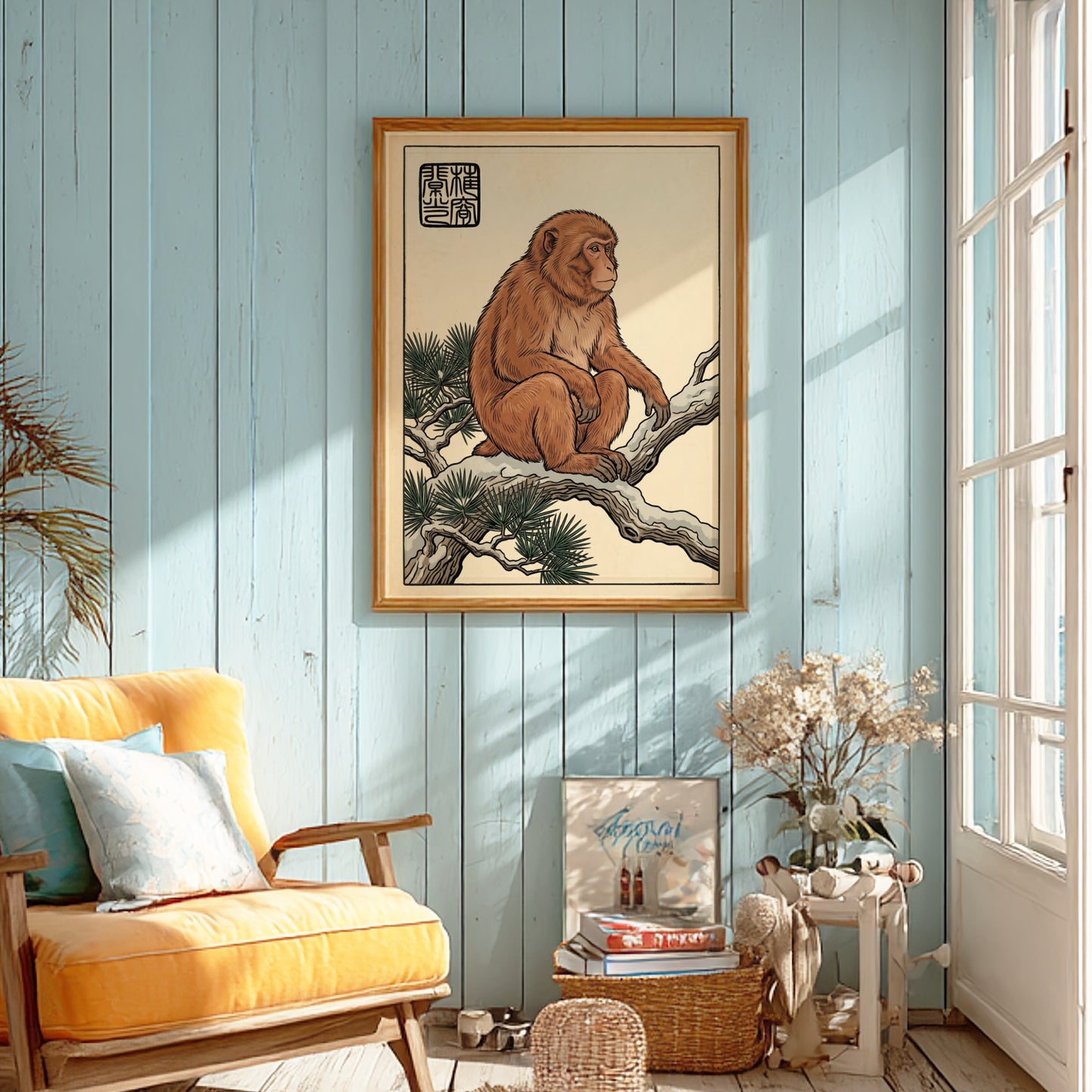 Japanese art style poster featuring a monkey on a pine branch with warm earthy tones