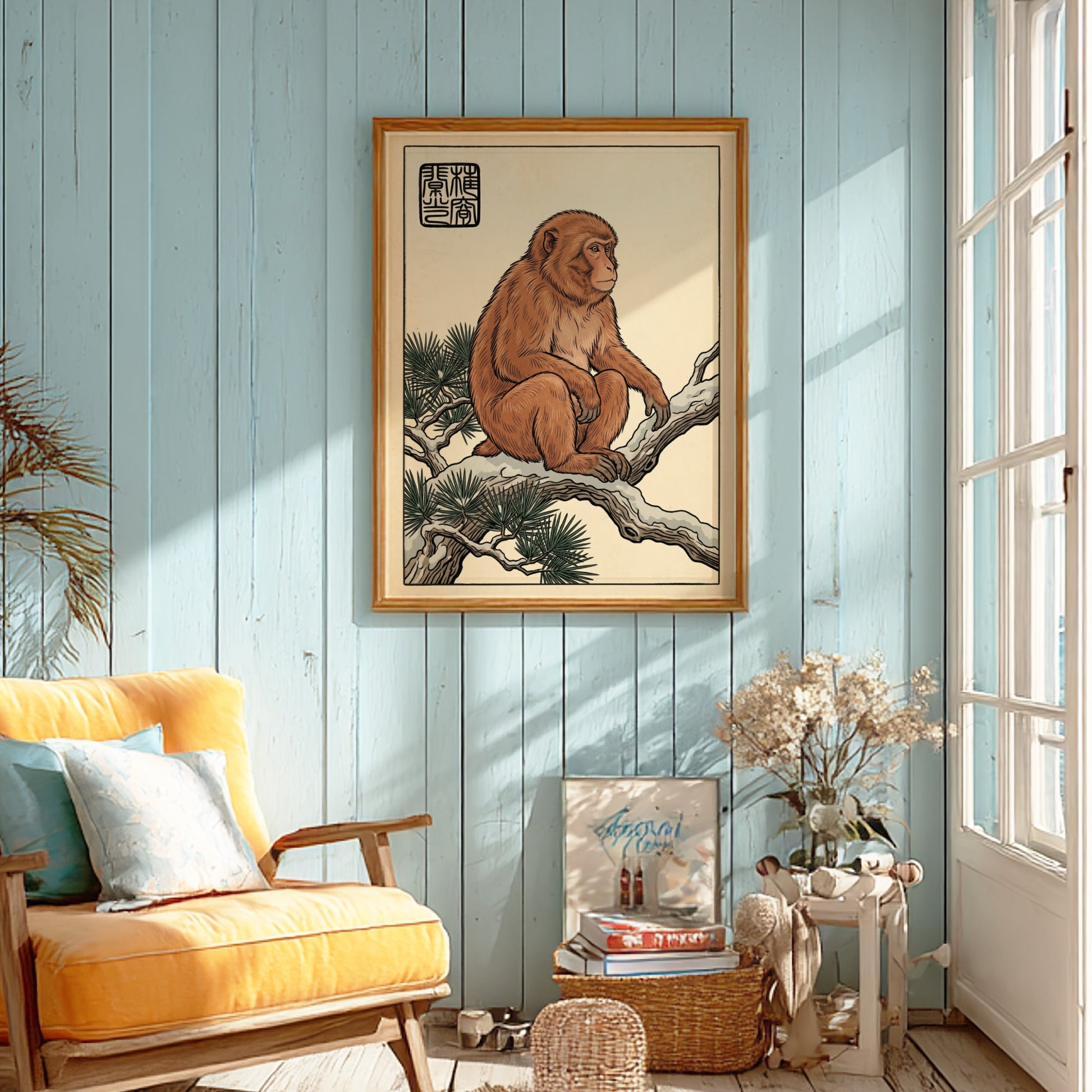 Japanese art style poster featuring a monkey on a pine branch with warm earthy tones