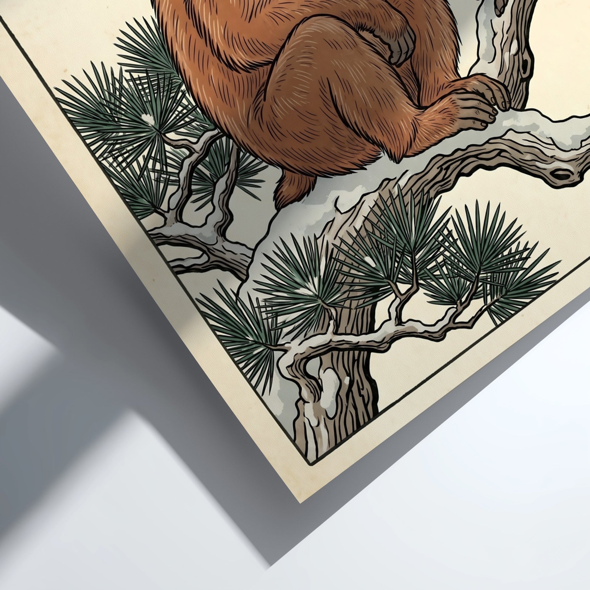 Japanese art style poster featuring a monkey on a pine branch with warm earthy tones