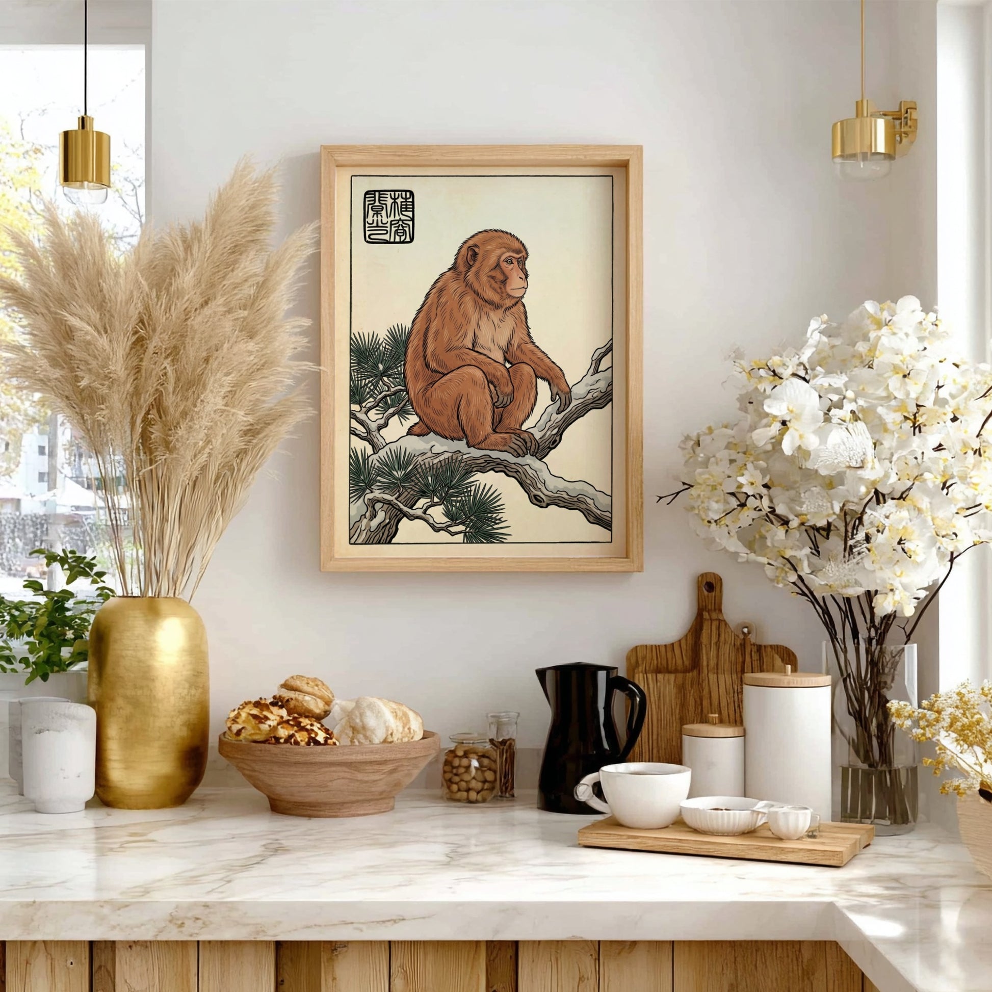Japanese art style poster featuring a monkey on a pine branch with warm earthy tones