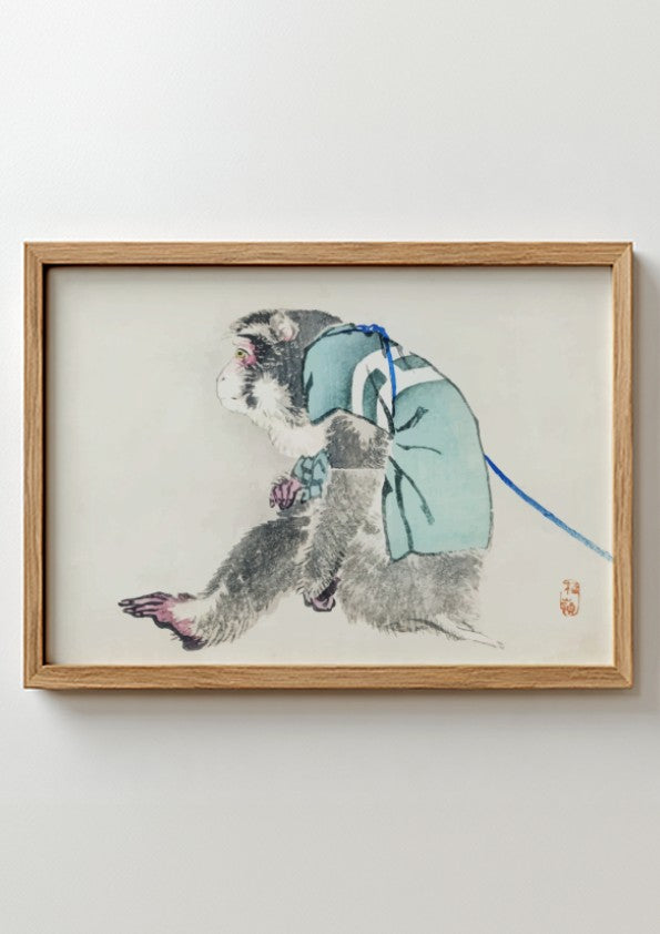 Vintage Japanese drawing of a monkey in a blue robe by Kōno Bairei, framed art.