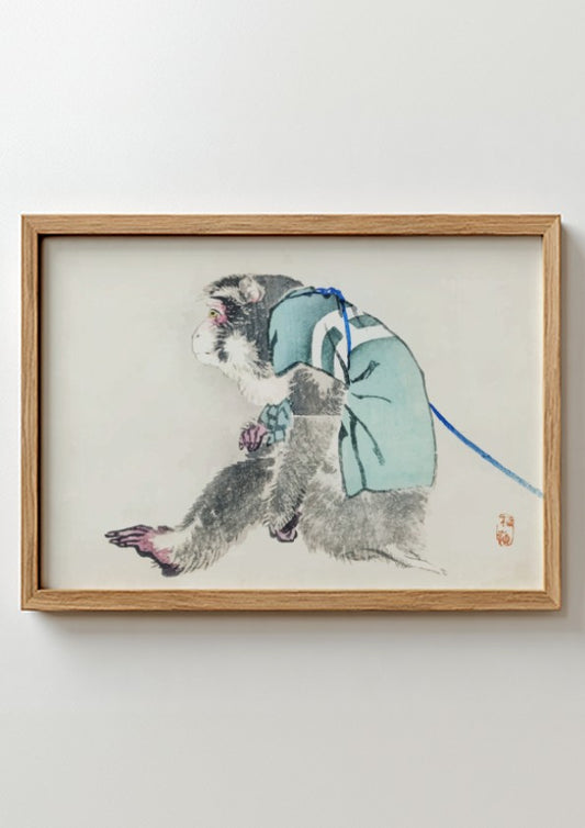 Vintage Japanese drawing of a monkey in a blue robe by Kōno Bairei, framed art.