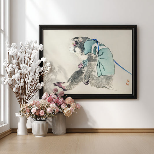 Vintage Japanese drawing of a monkey in a blue robe by Kōno Bairei, framed art.