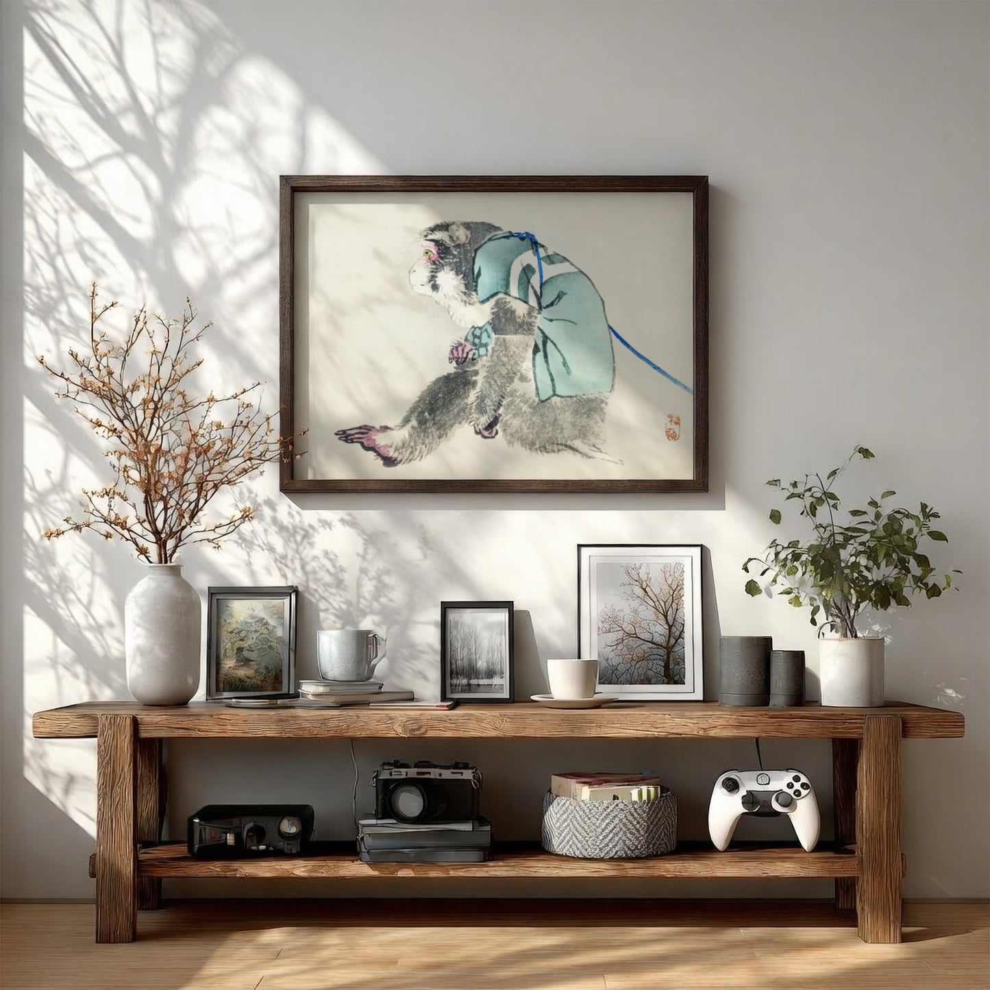 Vintage Japanese drawing of a monkey in a blue robe by Kōno Bairei, framed art.