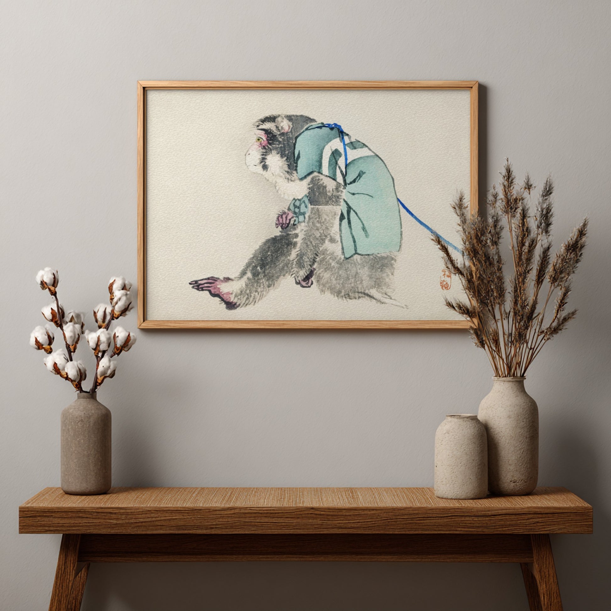 Vintage Japanese drawing of a monkey in a blue robe by Kōno Bairei, framed art.