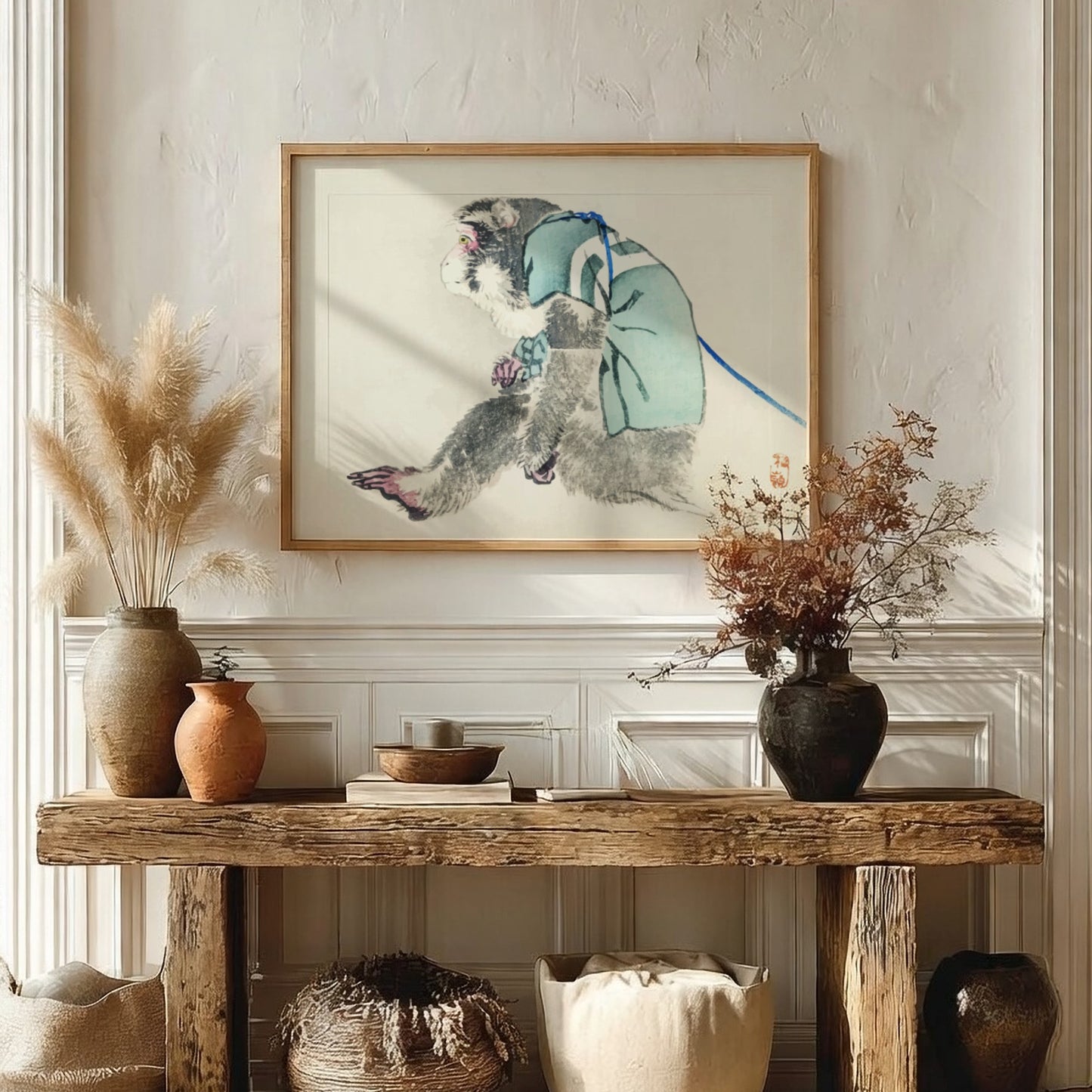 Vintage Japanese drawing of a monkey in a blue robe by Kōno Bairei, framed art.