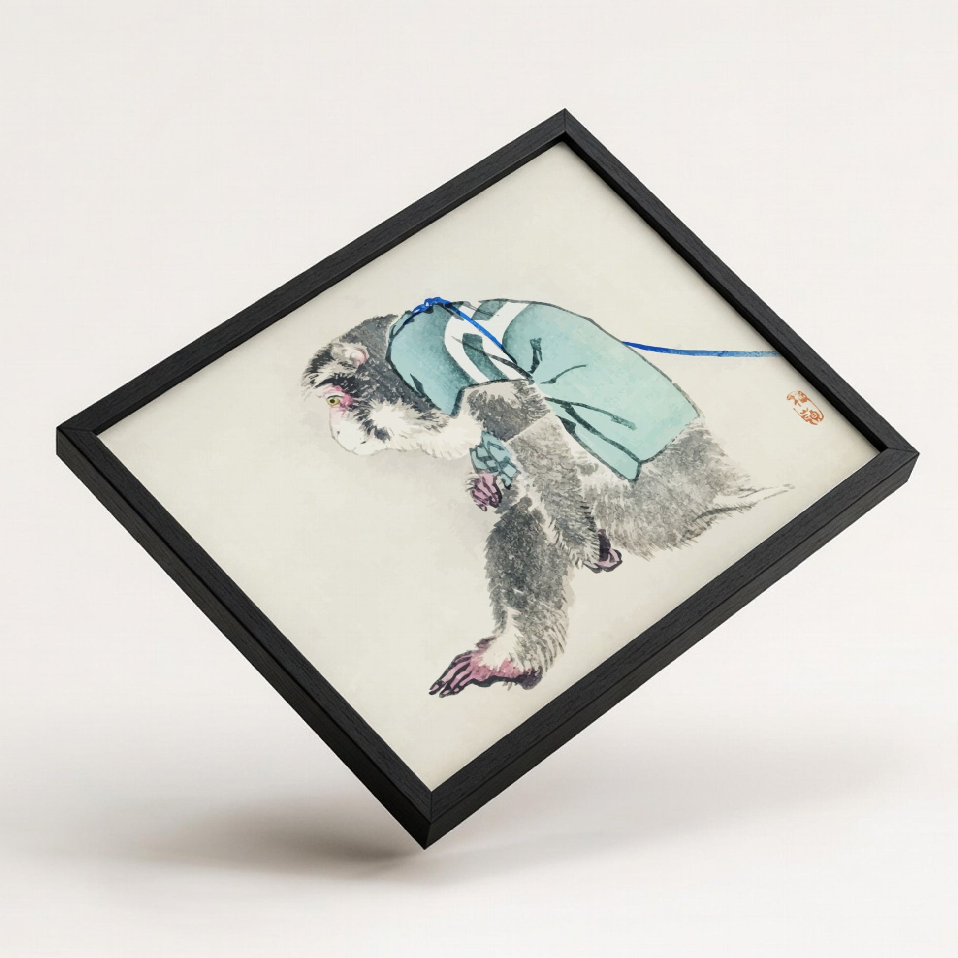 Vintage Japanese drawing of a monkey in a blue robe by Kōno Bairei, framed art.