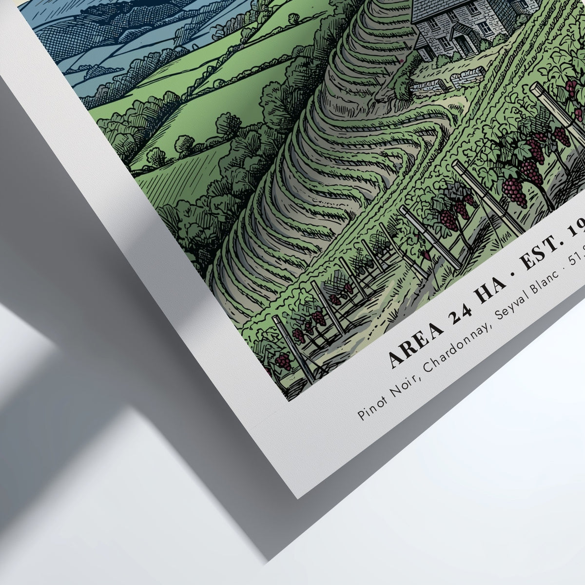 Poster featuring a detailed illustration of a Monmouthshire vineyard with mountains and farmhouse.