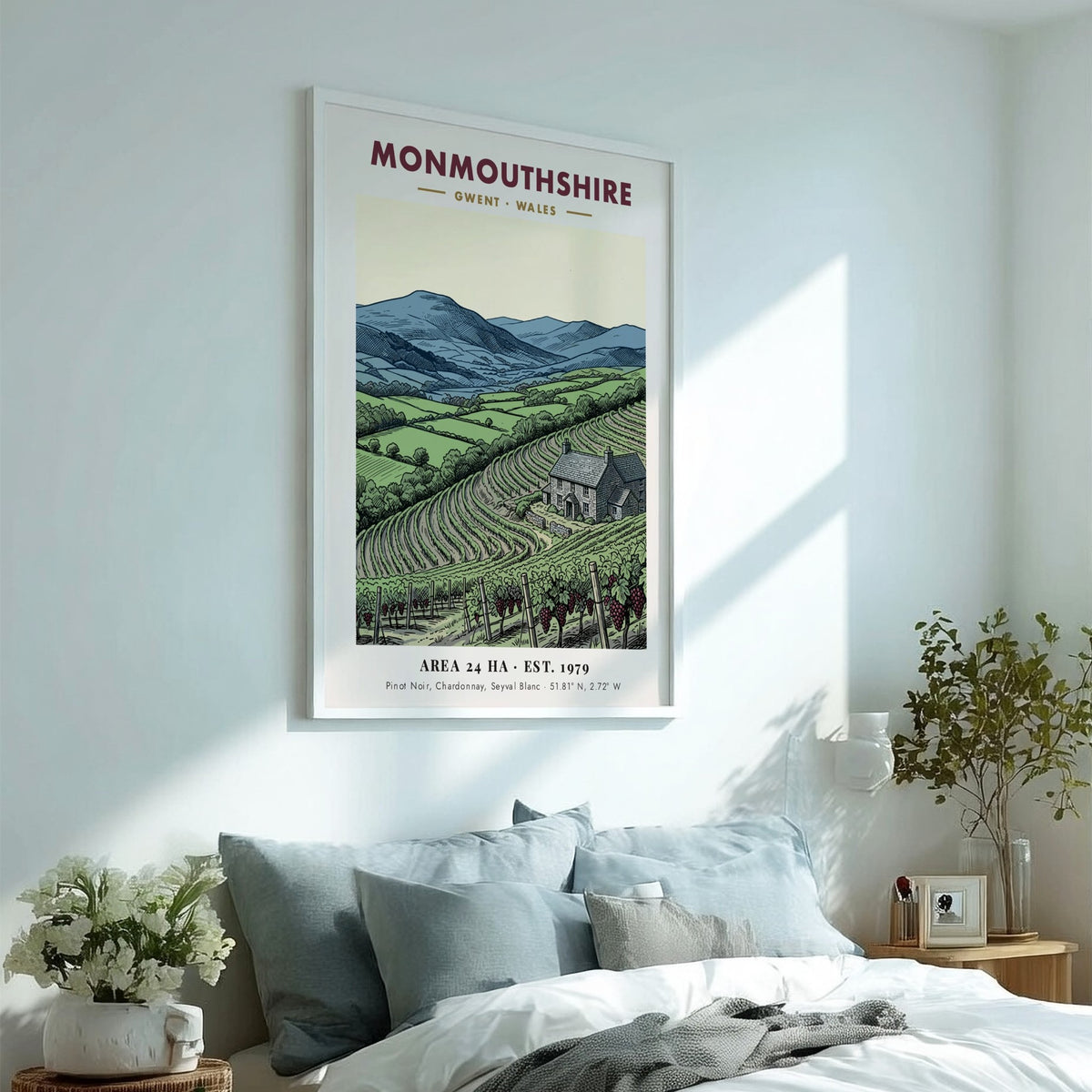 Poster featuring a detailed illustration of a Monmouthshire vineyard with mountains and farmhouse.