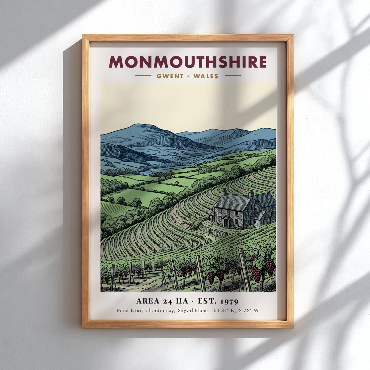 Poster featuring a detailed illustration of a Monmouthshire vineyard with mountains and farmhouse.