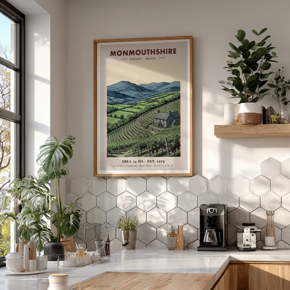 Poster featuring a detailed illustration of a Monmouthshire vineyard with mountains and farmhouse.