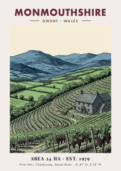 Poster featuring a detailed illustration of a Monmouthshire vineyard with mountains and farmhouse.