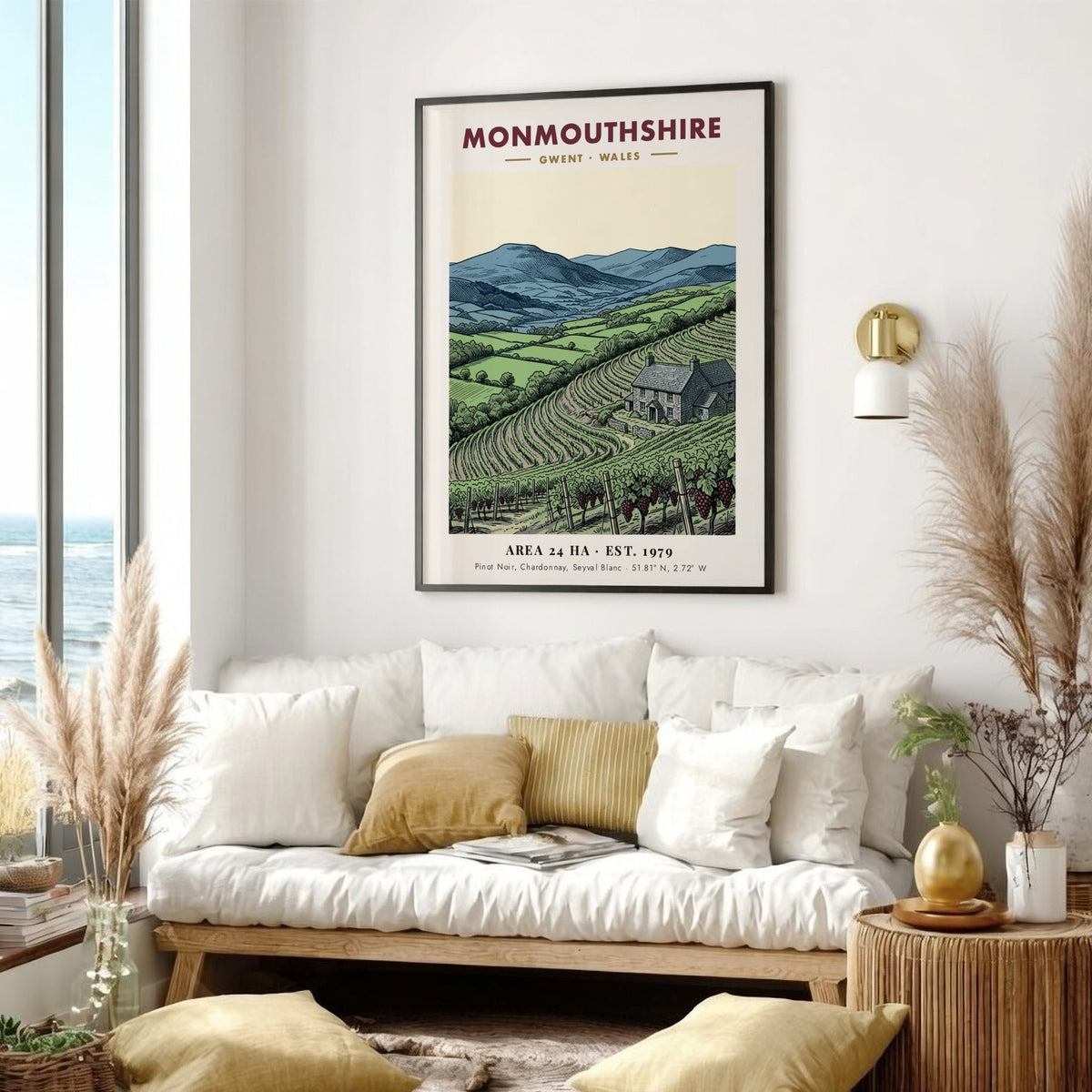 Poster featuring a detailed illustration of a Monmouthshire vineyard with mountains and farmhouse.
