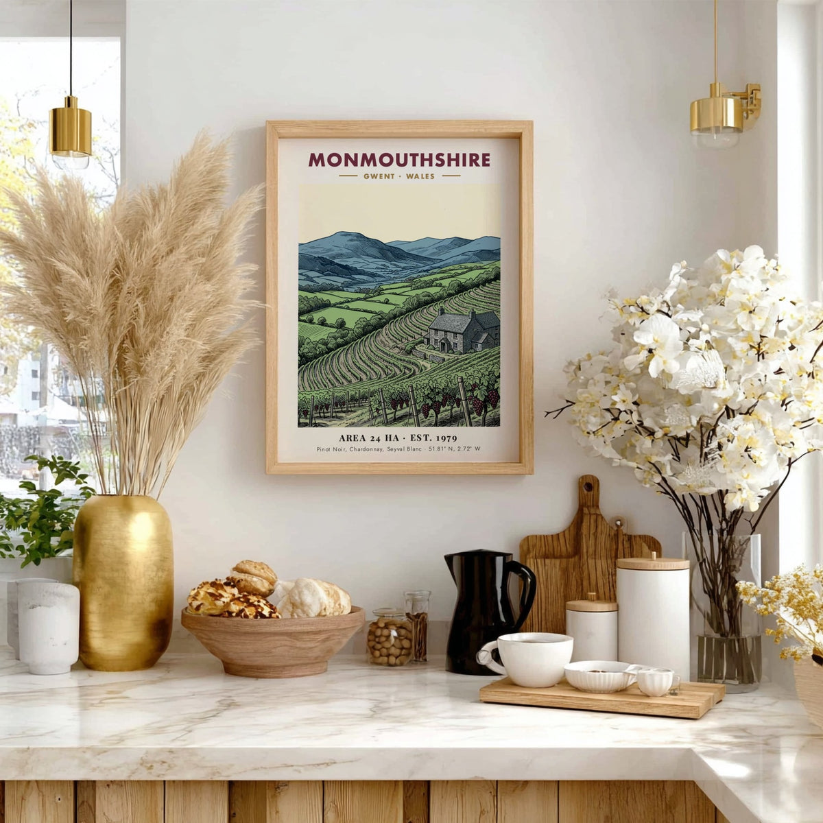 Poster featuring a detailed illustration of a Monmouthshire vineyard with mountains and farmhouse.