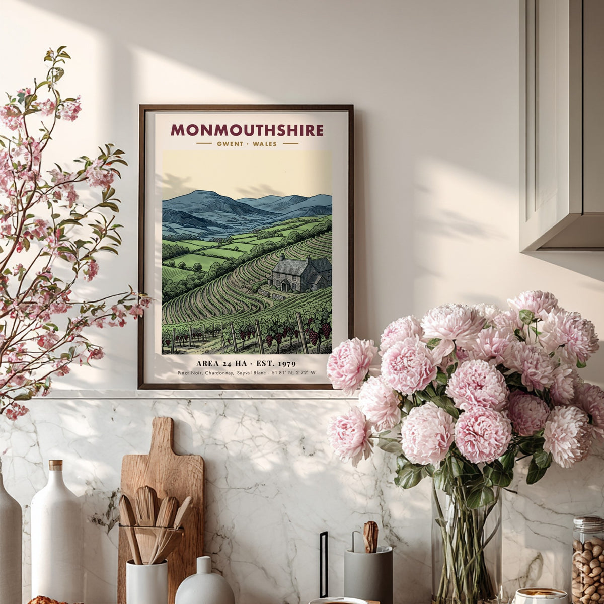 Poster featuring a detailed illustration of a Monmouthshire vineyard with mountains and farmhouse.