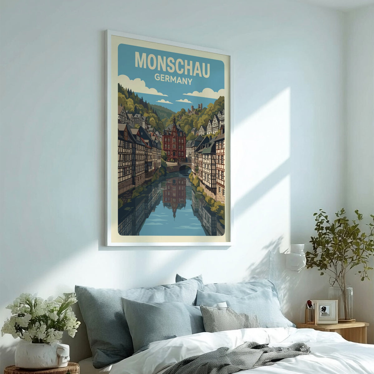 Poster of Monschau Germany featuring half-timbered houses along a river in a valley
