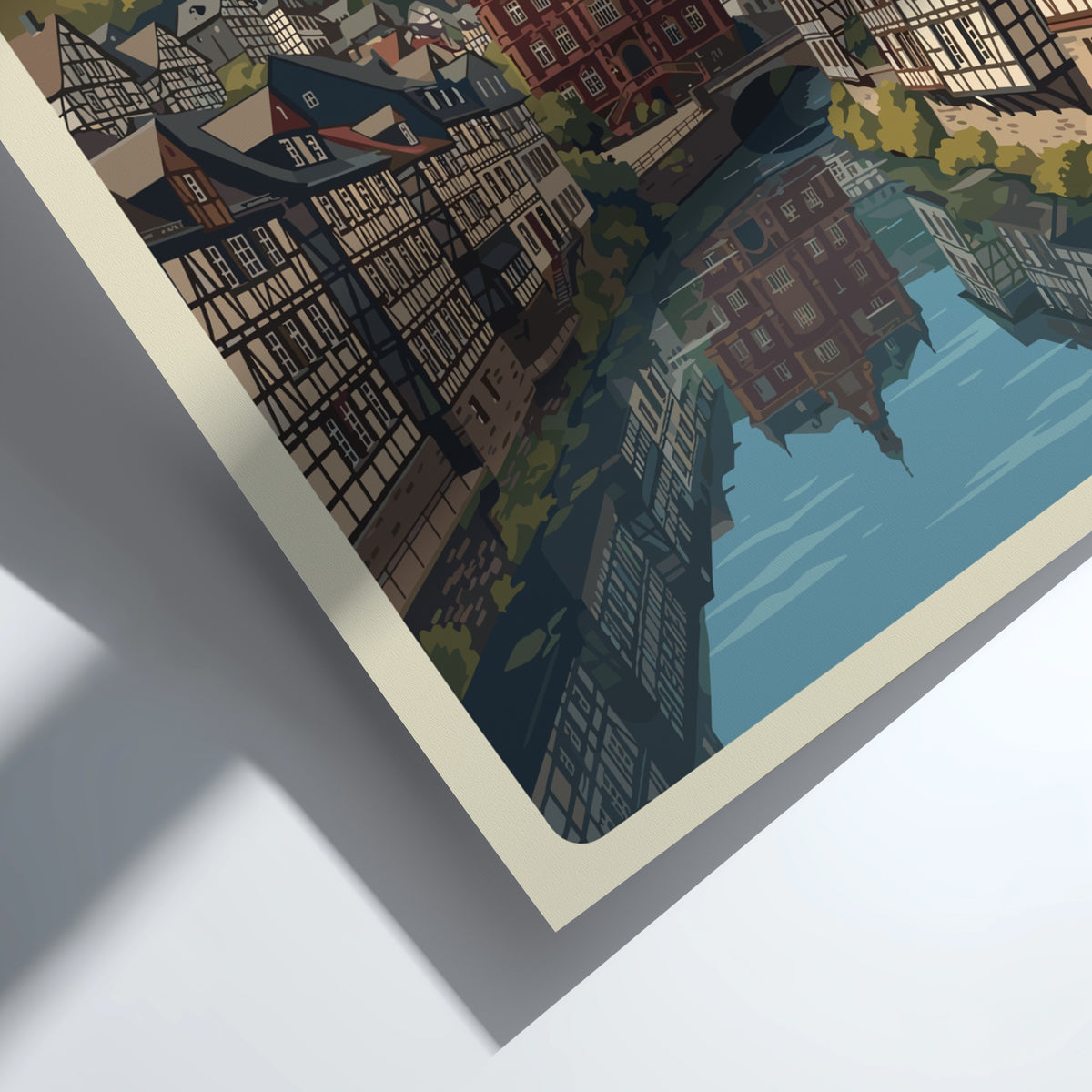 Poster of Monschau Germany featuring half-timbered houses along a river in a valley