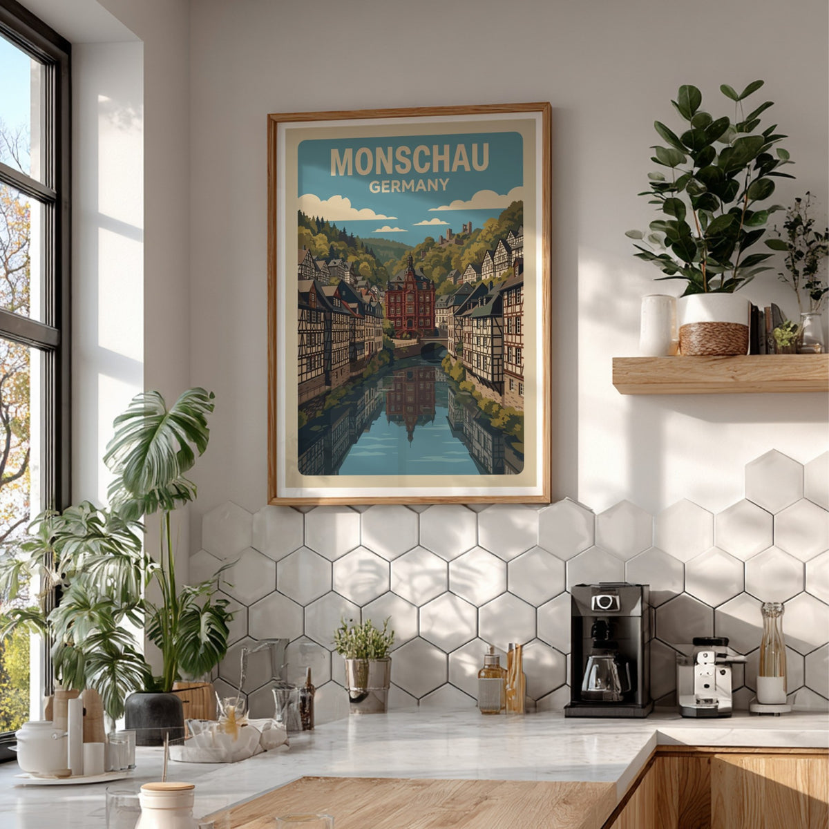 Poster of Monschau Germany featuring half-timbered houses along a river in a valley