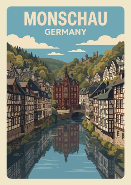 Poster of Monschau Germany featuring half-timbered houses along a river in a valley