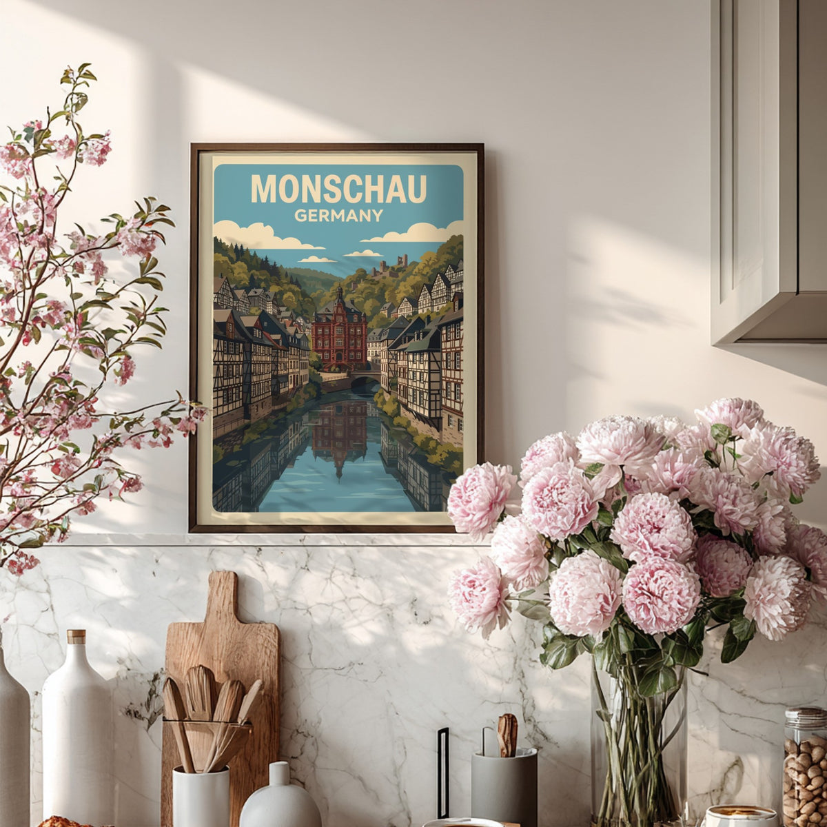 Poster of Monschau Germany featuring half-timbered houses along a river in a valley