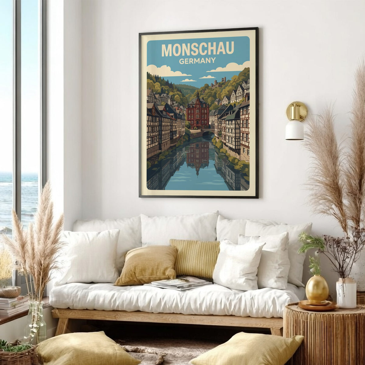Poster of Monschau Germany featuring half-timbered houses along a river in a valley