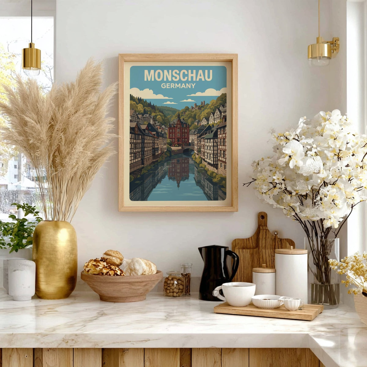 Poster of Monschau Germany featuring half-timbered houses along a river in a valley