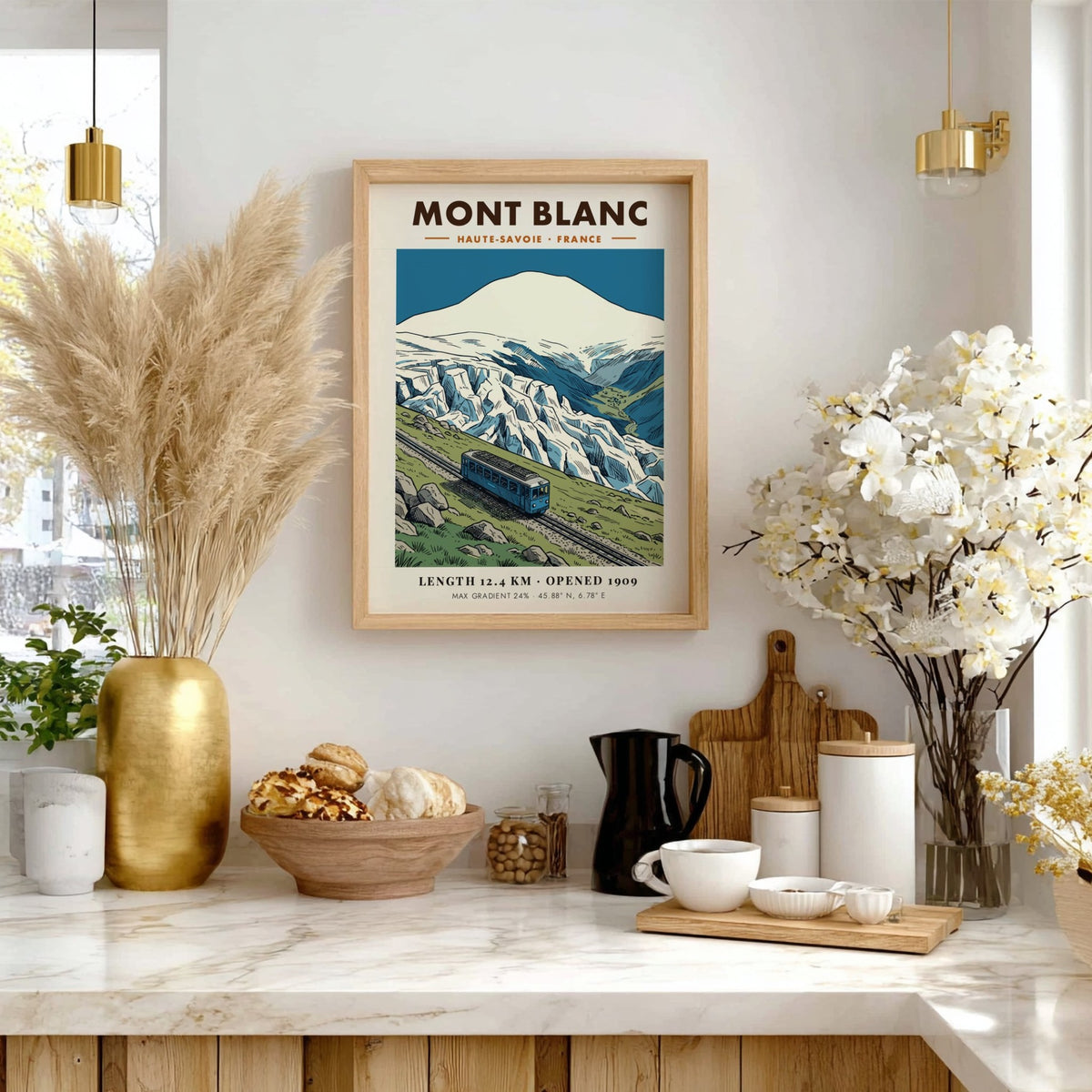 Vintage travel poster showing a blue train climbing a mountain near Mont Blanc