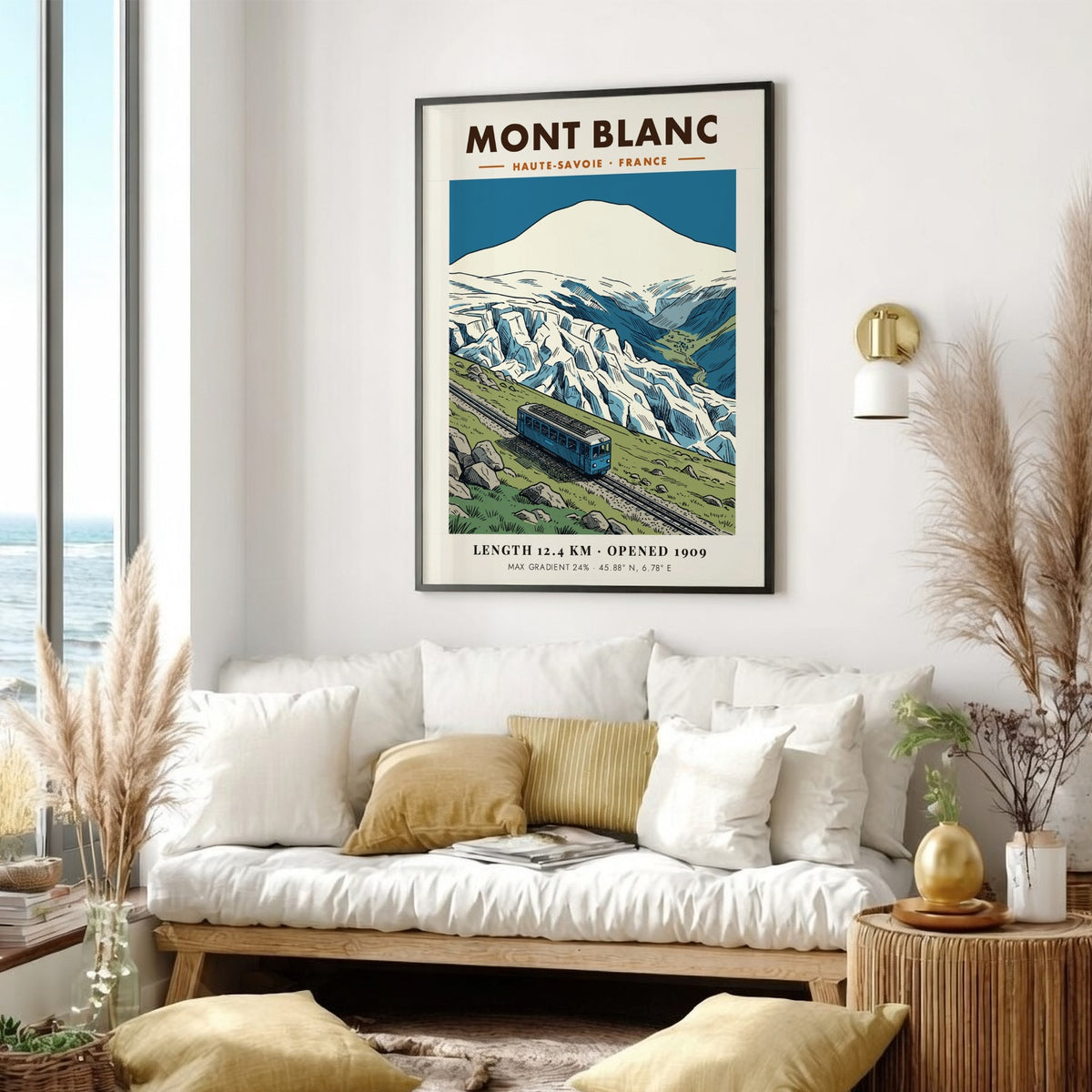 Vintage travel poster showing a blue train climbing a mountain near Mont Blanc