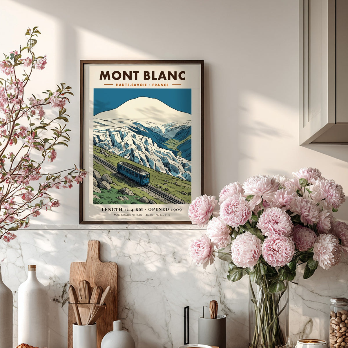Vintage travel poster showing a blue train climbing a mountain near Mont Blanc