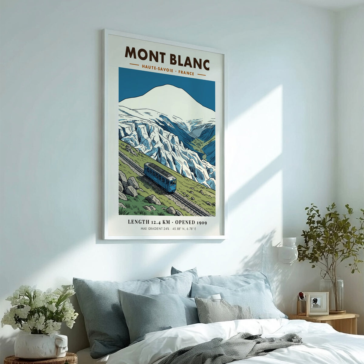 Vintage travel poster showing a blue train climbing a mountain near Mont Blanc