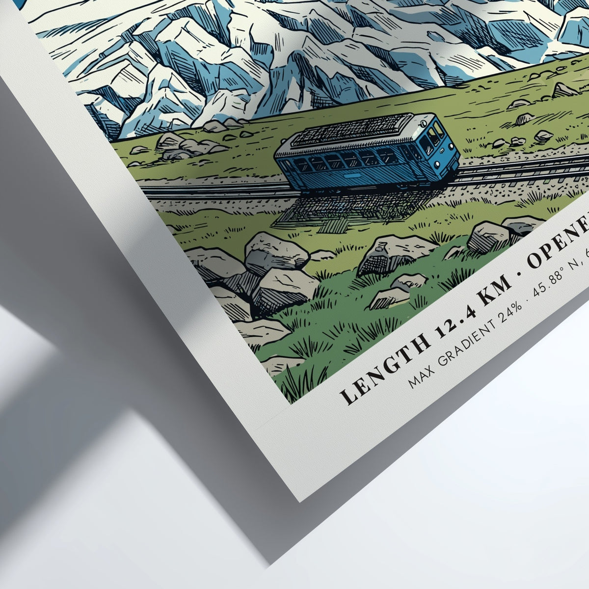 Vintage travel poster showing a blue train climbing a mountain near Mont Blanc