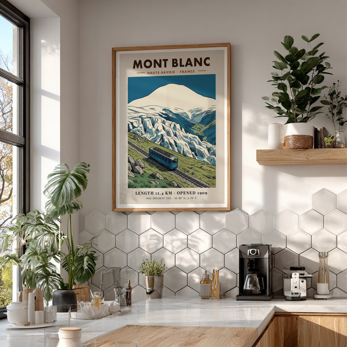 Vintage travel poster showing a blue train climbing a mountain near Mont Blanc