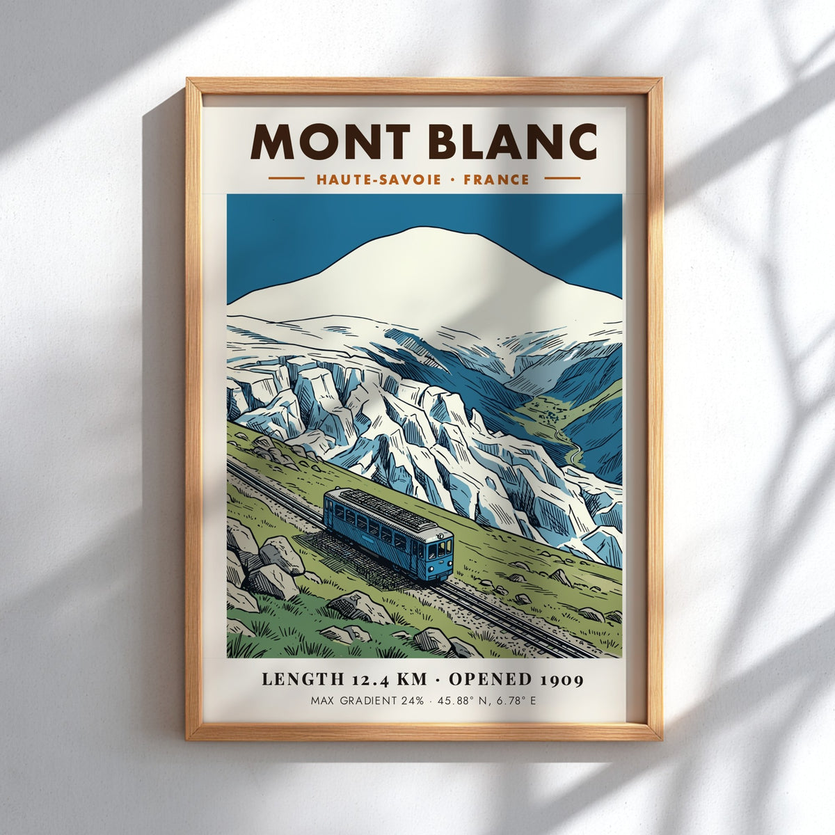 Vintage travel poster showing a blue train climbing a mountain near Mont Blanc