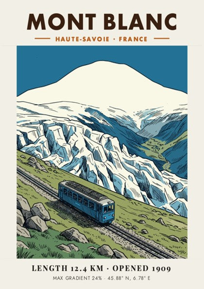 Vintage travel poster showing a blue train climbing a mountain near Mont Blanc