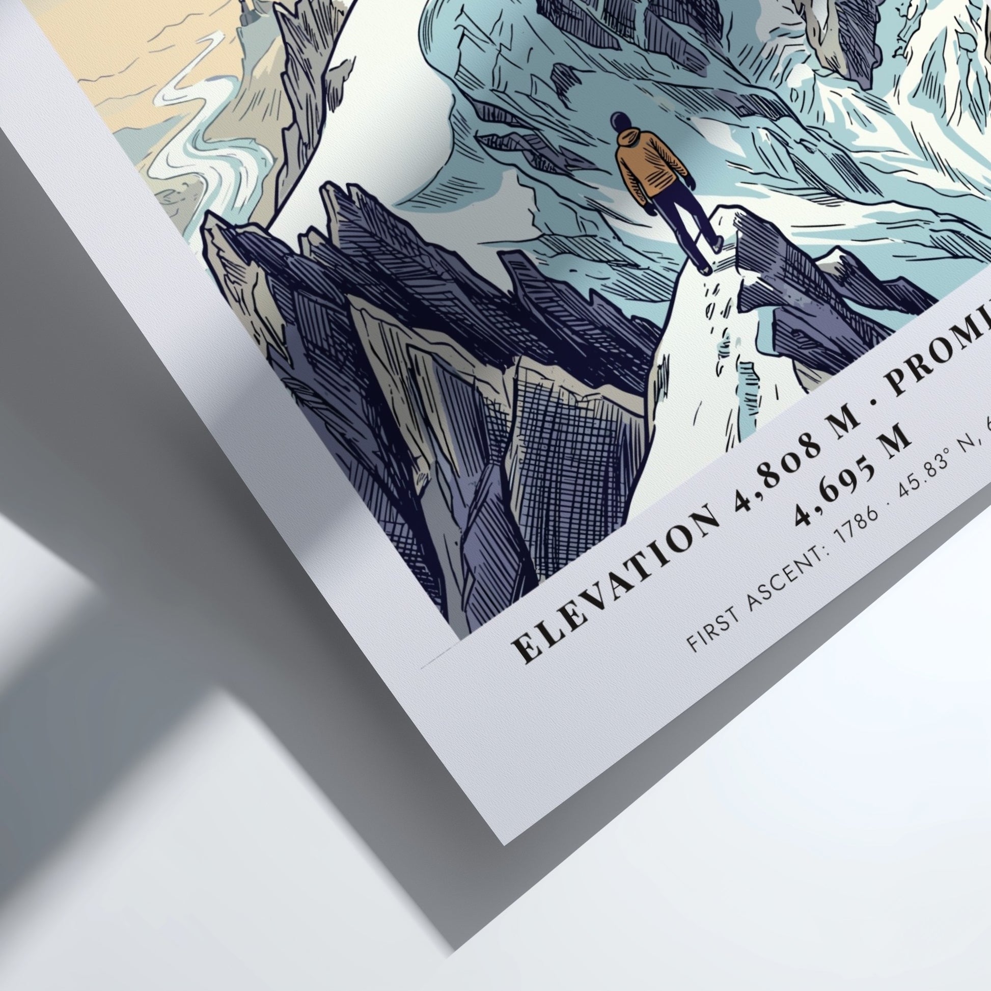 Poster of Mont Blanc featuring a climber overlooking snowy peaks in the Alps.