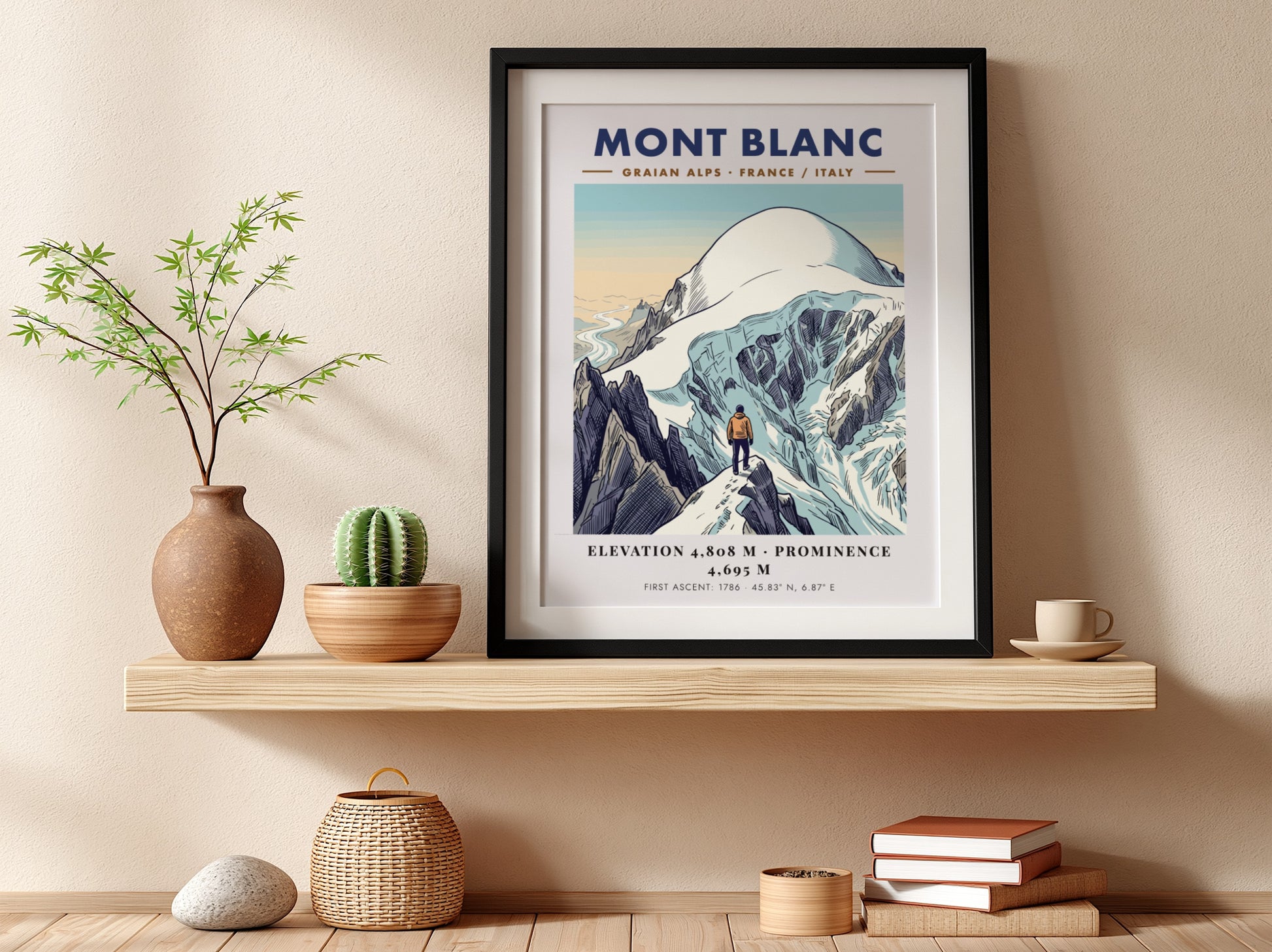 Poster of Mont Blanc featuring a climber overlooking snowy peaks in the Alps.