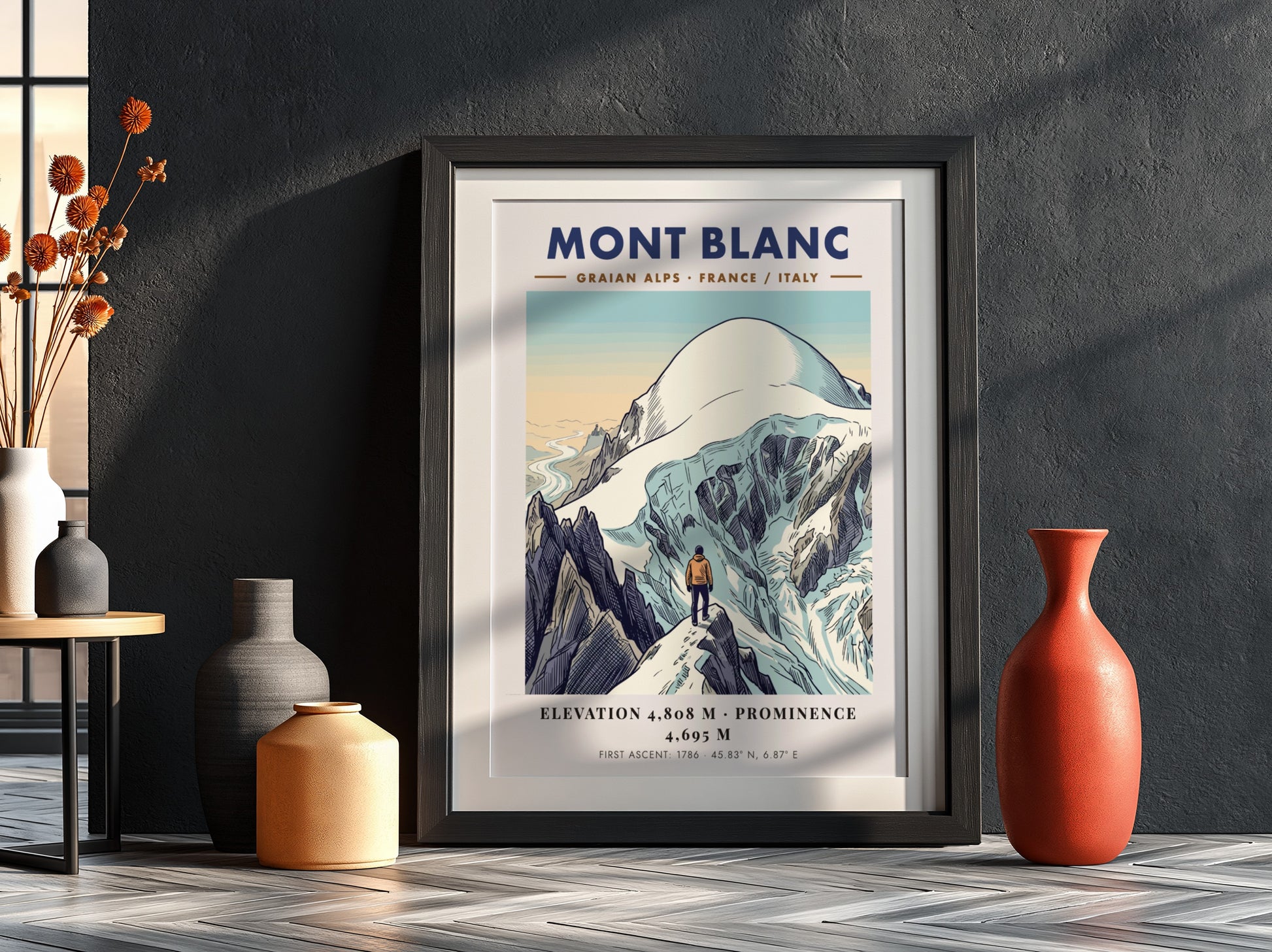 Poster of Mont Blanc featuring a climber overlooking snowy peaks in the Alps.