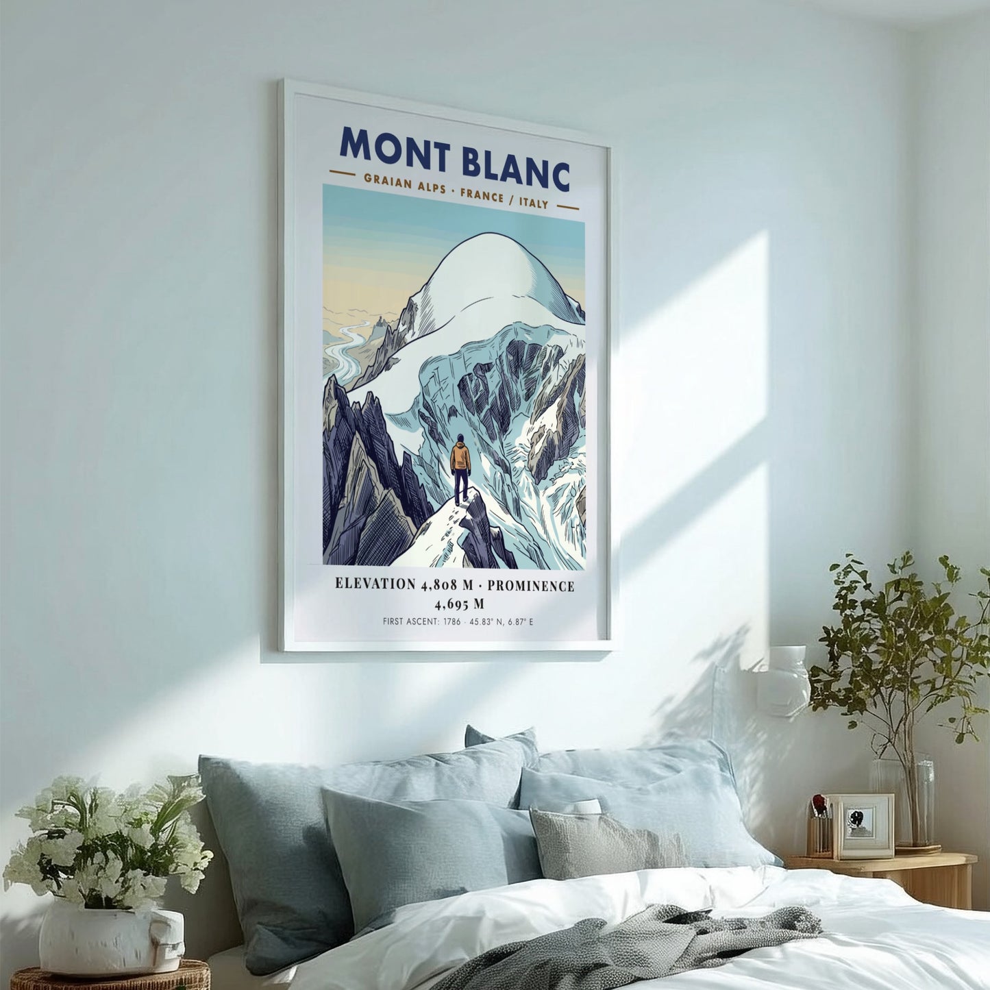 Poster of Mont Blanc featuring a climber overlooking snowy peaks in the Alps.